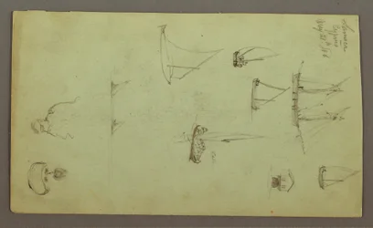 Piirustus, Miehen pää, Mies tupakoi, Purjeveneen opinnot, talo, 27. toukokuuta 1868.
