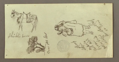 Piirros, hevonen, selkäpuolen hahmo, puita, mahdollisesti 1868