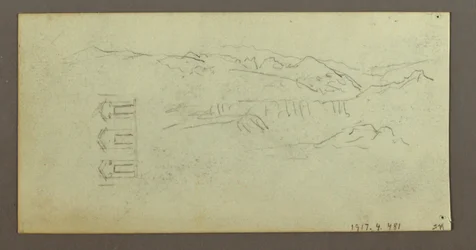 Piirros, hevonen, selkäpuolen hahmo, puita, mahdollisesti 1868