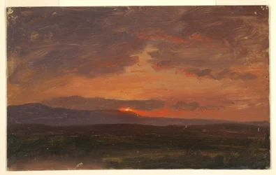 Piirros, Hudsonin laakso, New York, aurinko laskee Catskill-vuorten taakse, 1855-65.