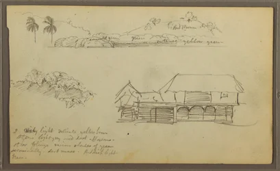 Piirustus, Maisema, puiden latvat, talo, 1857