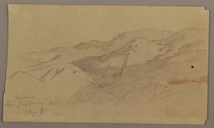 Piirustus, Maisemakuva maatilalta Galleway Hill, Jamaika, Länsi-Intia, elokuu 1865.