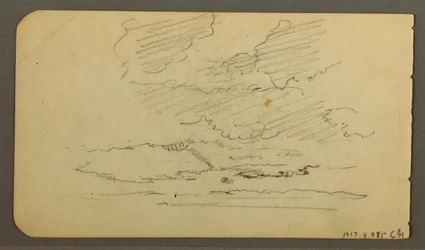 Piirros, Mies veneessä, lohkareita, puunrunko, puita, 1878
