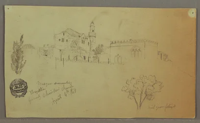 Piirros, moskeija ja viereiset rakennukset, puita, 4. huhtikuuta 1868.