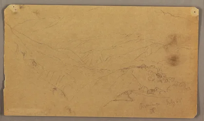 Piirros, vuoristomaisema, Jamaika, Länsi-Intia, heinäkuu 1865.