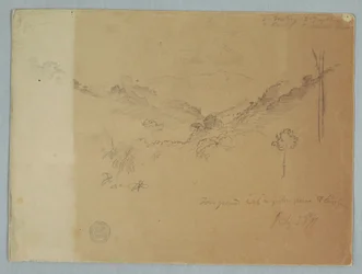 Piirros, Vuoristomaisema lähellä Jorjea, Ecuador, 23. heinäkuuta 1857.