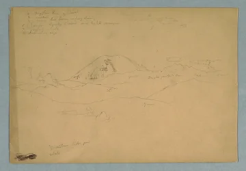 Piirros, vuorenhuippu, mahdollisesti Chimborazo, joka kohoaa kolmen peräkkäisen vuorijonon yli, Ecuador, 1857.