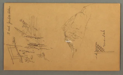 Piirros, vuorenhuippu, kasvillisuus uima-altaalla, 1868