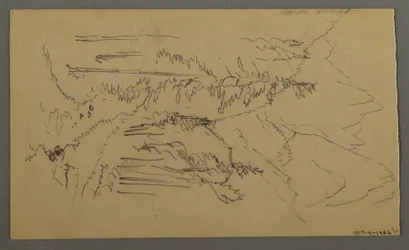 Piirros, Vuorenhuiput, kaksi hahmoa soutuveneessä, elokuu 1868.