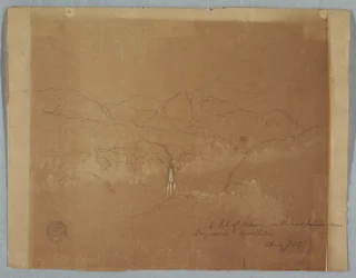 Piirros, Vuoristomaisema vesiputouksen kanssa, lähellä Tuquerresia, Kolumbia, elokuu 1853.