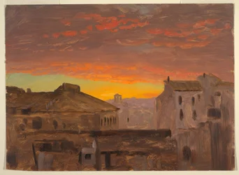 Piirros, Rooma, kattoja auringonlaskun aikaan, 1868-69.