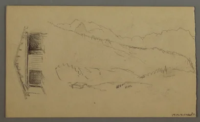 Piirros, katot, portti, vuorenhuiput, elokuu 1868