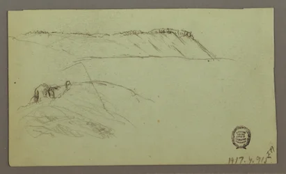 Piirustus, Muurien ympäröimät rauniot, telttoja, kaksi hahmotutkimusta, 28. huhtikuuta 1868.