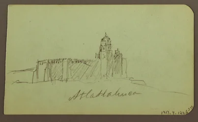 Piirros, Luonnoksia Patzcuarosta; Kääntöpuoli: Kirkko,Atlatahuca, 1883.