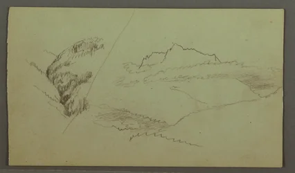 Piirros, Pilvien yläpuolelle kohoava huippu, kapea laakso, mahdollisesti 1868.