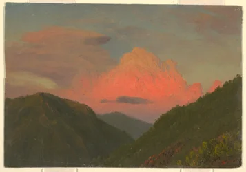 Piirros, Auringonlasku kukkuloiden yllä, Jamaika, Länsi-Intia, elokuu 1865.