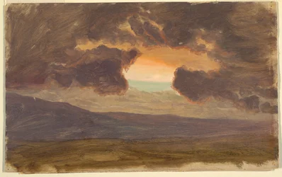 Piirros, Auringonlasku paljaiden kukkuloiden yllä, 1870-80