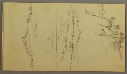 Piirros, Kaupunki vuorenhuipun alapuolella, kukkulan laella sijaitseva kaupunki, mahdollisesti 1868-69.