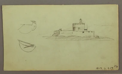 Piirros, Kaupunki rannikolla, vuoristo takana, 27. toukokuuta 1868.