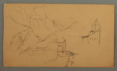 Piirros, Kaksi kirkkoa, laakso, vesiputous, 1868