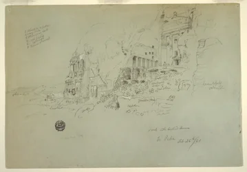 Piirros, uurnahauta, silkkihauta ja korinttilainen hauta, Petra, 26. helmikuuta 1868.