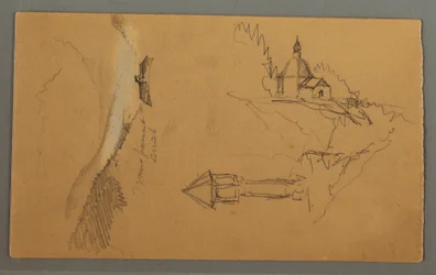 Piirros, laakso, torni, kirkko, mahdollisesti 1868