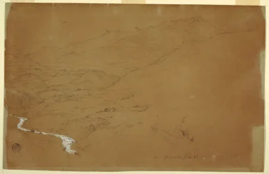Piirros, laakso, jossa on puro ja taloja, lähellä Guarandaa, Ecuador, 4. kesäkuuta 1857.
