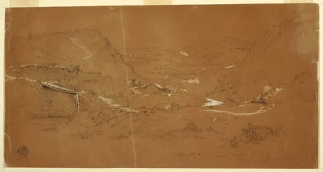 Piirros, laakso, jossa on silta ja taloja, lähellä Guarandaa, Ecuador, 5. kesäkuuta 1857.