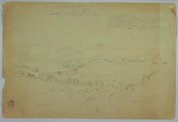 Piirros, Näkymä lähellä Popayania, mukaan lukien Mount Purese -tulivuori, Cauca-joki, Kolumbia, 8. elokuuta 1853.