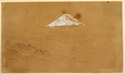 Piirros, Näkymä lumipeitteisestä Chimborazo-vuoresta Guanojon ja Guarandan lähellä, Ecuador, 12. kesäkuuta 1857.