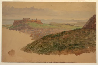 Piirros, Näkymä Akropolille Lycabettus-vuorelta, Ateena, huhtikuu 1869.