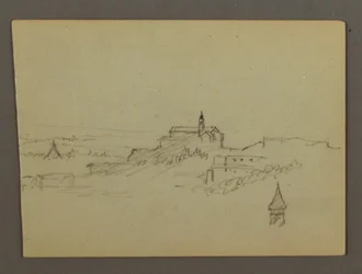 Piirros, Kylä mäen päällä, mahdollisesti 1868-69.