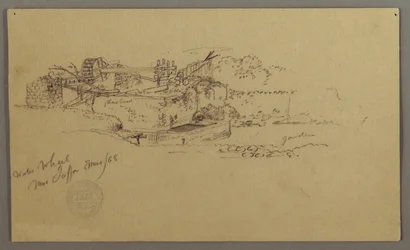 Piirros, vesipyörä ja allas puutarhassa, Jaffa, Palestiina [Tel Aviv, Israel], maaliskuu 1868.