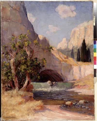 Näkymä Provencen Fontaine du Vaucluse maisemaan. Frederic Montenardin (1849-1926) maalaus Dim. 65x50,5 cm Pakollinen maininta: Collection fondation regards de Provence, Marseille