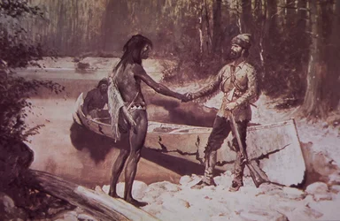 Ranskalais-kanadalainen turkisansastaja, joka käy kauppaa intiaanien kanssa, 1800-luvun loppu (väri litho)