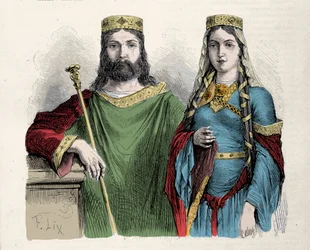 Klodvig (481-511), frankkien kuningas, toisen vaimonsa, pyhän Klotilden (Clotilde), kuningattaren, kanssa. Lixin kaiverrus.