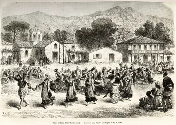 Kansantanssi kylän aukiolla Haggia Anna (Pyhä Anna). Kaiverrus Lixin piirustuksen jälkeen havainnollistamaan matkaa Kreikassa, Henri Belle, 1861-1868-1874, julkaistu "" Le tour du monde""" 1876, toimittanut Edouard Charton, Hachette painos, Paris