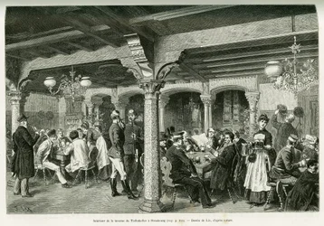 Tiefenkeller-tavernan sisustus Strasbourgissa. Lixin kaiverrus havainnollistamaan tarinaa A Through Alsacen ja Lorraine, vuonna 1887, Charles Grad, saksalainen edustaja, tour du monde 1888, ohjaaja Edouard Charton (1807-1890), Hachette, Paris.
