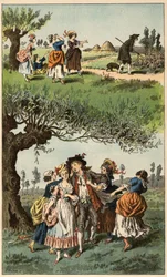 Suosittu kappale: "Me olimme kolme tyttöä"". Frederic Theodore Lixin (1830-1897) kuvitus teoksessa "" Chansons et rounds enfantines des provinces de la France""