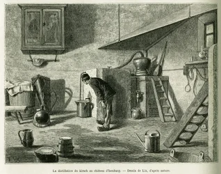 Kirschin tislaus Isenburgin linnassa. Lixin kaiverrus havainnollistamaan tarinaa A Through Alsacen ja Lorraine, vuonna 1887, Charles Grad, saksalainen edustaja, tour du monde 1888, ohjaaja Edouard Charton (1807-1890), Hachette, Paris.