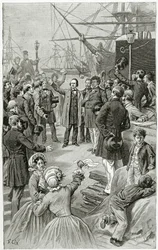 Victor Hugo tervehtii universaalia tasavaltaa maanpaossa pitämässään puheessa 1. elokuuta 1852, 1800-luvulla (bw-kaiverrus)