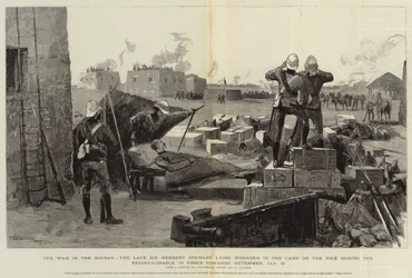 Soudanin sota, edesmennyt Sir Herbert Stewart makaa haavoittuneena Niilin varrella leirillä tiedustelun aikana Metemmehiin 21. tammikuuta