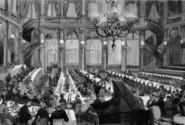 Illallinen konsertti Grand Hotel de Parisin juhlasalissa. Kaiverrus De Haenen teoksesta "" The Illustrous World"" nro 1250, 12. maaliskuuta 1881.