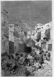 Tunisia, heinäkuu 1881: Ranskan joukot valloittivat Staxin kaupungin asukkaiden kapinan jälkeen Ranskan Tunisian protektoraattia vastaan. Merikiväärit savuttavat arabien taloja, jotka sijaitsevat casbahin (kasbah) juurella - De Haenen kaiverrus "" The Illu