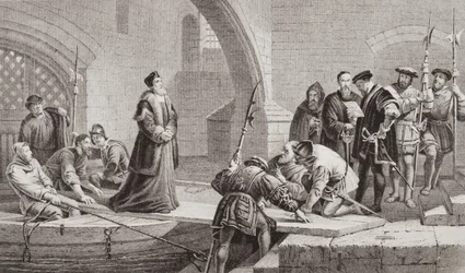 Thomas Cranmer (1489-1556) petturin portilla, teoksesta "Illustrations of English and Scottish History", osa I (kaiverrus).
