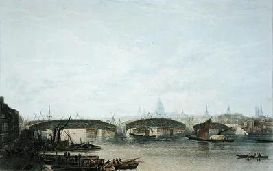 Näkymä Southwarkin sillasta sellaisena kuin se ilmestyi toukokuussa 1818, W. Bennettin kaivertaman W.H.:n alkuperäisen piirustuksen jälkeen. Timms