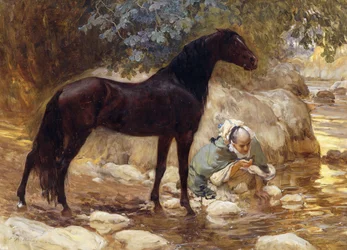 Arabi juottaa hevosta joen rannalla, n. 1890-1900