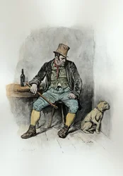 Bill Sykes ja hänen koiransa, Thomas Archerin artikkelista "Charles Dickens: A Gossip about his Life", julkaistu n. 1894 (litho) (myöhempi väritys)