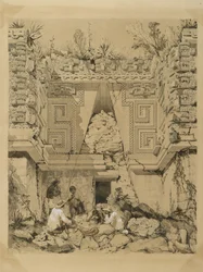 Archway, Casa del Gobernador, Uxmal, Yucatan, 1843 (seepiamuste ja pesu kudospaperilla)