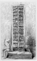 Hieroglyfit muistomerkin takana Copanissa Hondurasissa Frederick Catherwoodin ja John Lloyd Stephensin julkaisun Incidents of Travel in Central America, Chiapas and Yucatan I osasta, julkaistu 1842